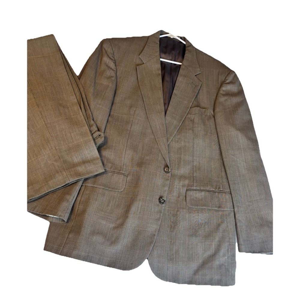 LANDS END Brown Windowpane Wool 2Pc SUIT 44L Pleated Front Pants 36x30
